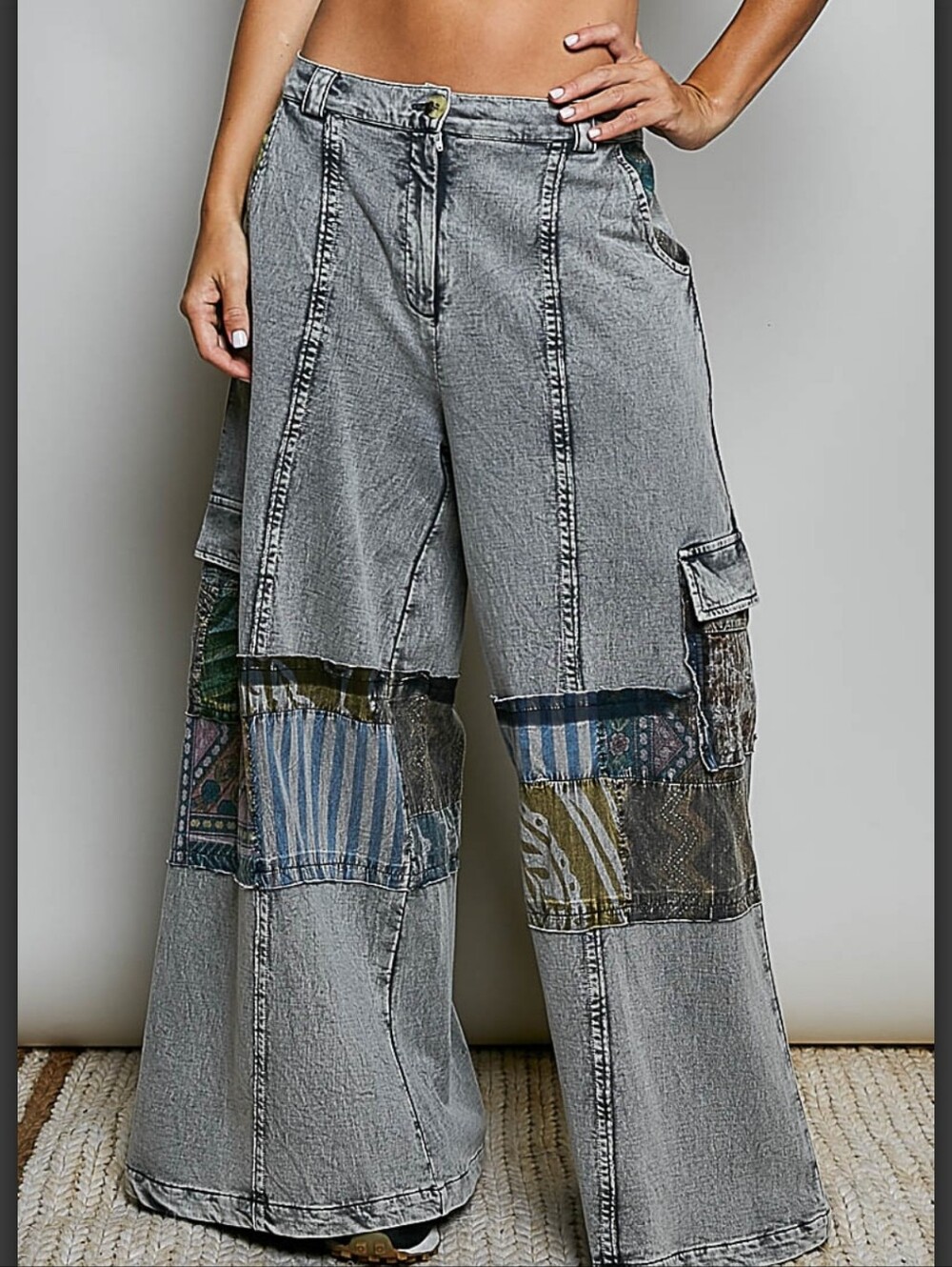 #1917 POL Gypsy Roads Patchwork Wide-Leg Pants – Washed Charcoal